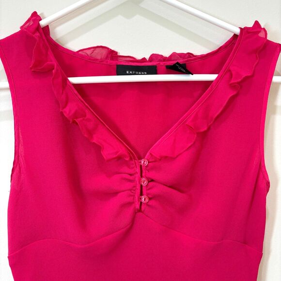 Vintage Y2K Express Silk Babydoll Top Women 2 Barbie Pink Ruffle Coquette Dainty - Picture 2 of 9